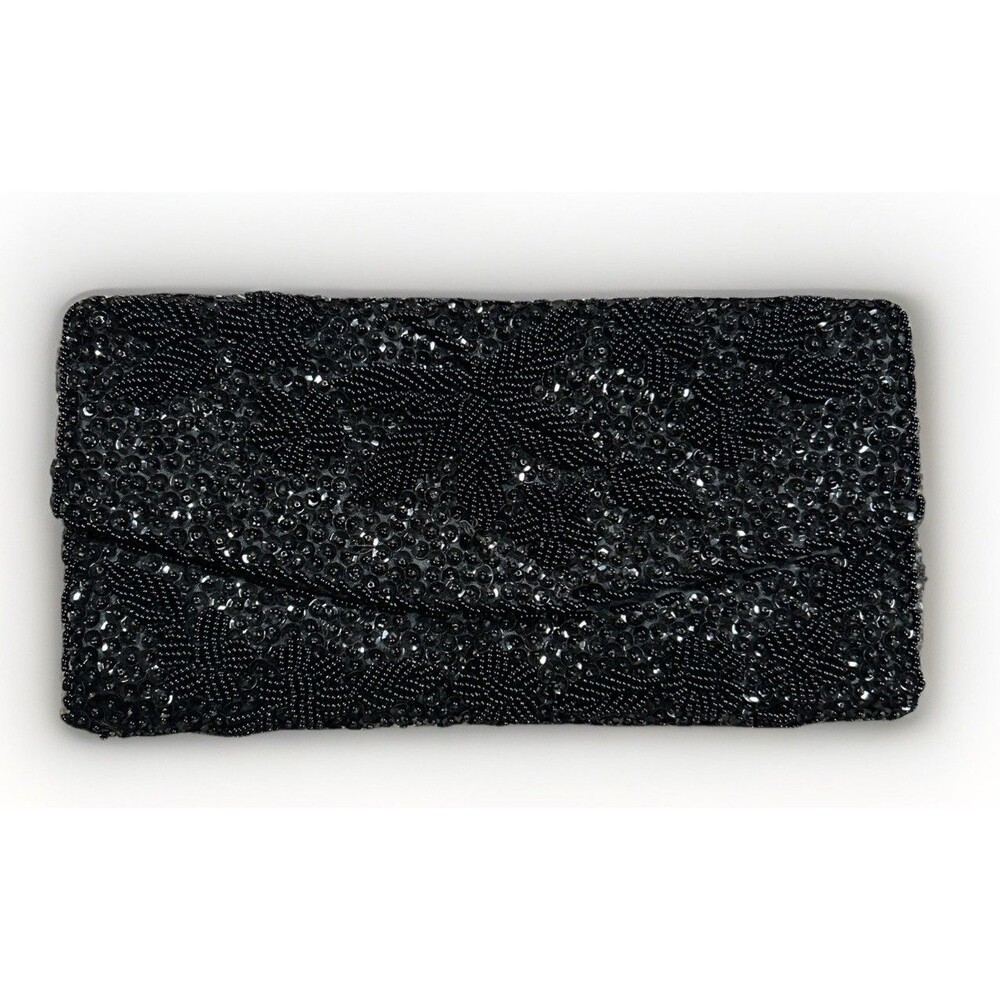 Vtg Rimco Of Cali Clutch Purse Black Beaded Sequin Satin Prom Evening Hong Kong - Picture 1 of 7